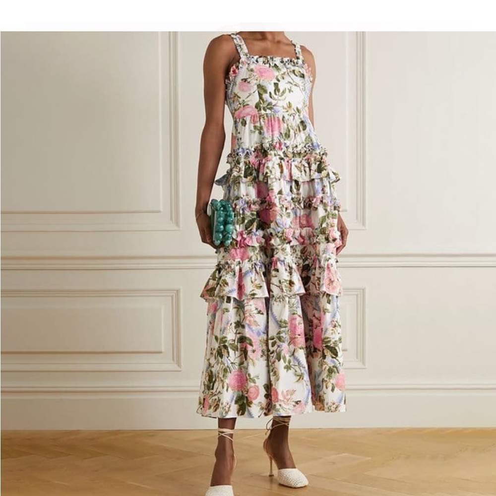 Needle & Thread Pink and Green Asymmetrical Ruffled Midi Dress